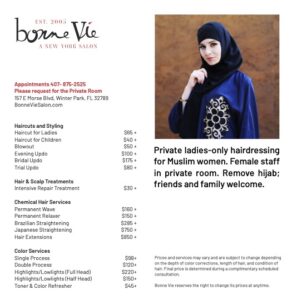 Private Room Price List